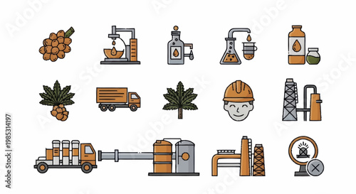 Industrial icons representing oil extraction and processing.