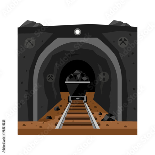 Coal mine entrance with mine cart full of coal on railway tracks, illustration
