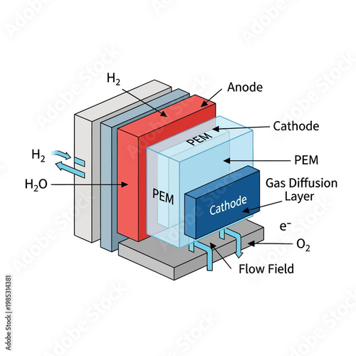 Proton Exchange Membrane Fuel Cell Diagram: Hydrogen, Oxygen, PEM, Anode, Cathode