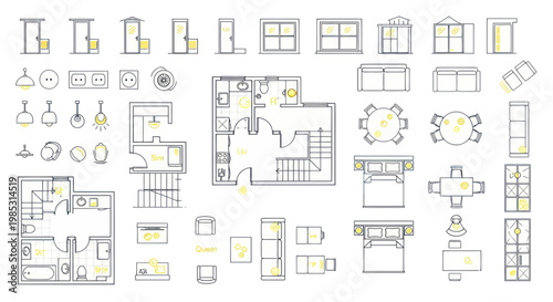 Architectural Drawings: Floor Plans, Furniture and Fixtures Icons Set