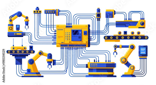 Automated Factory System: Robotic Arms, Conveyor Belts, and Control Panel