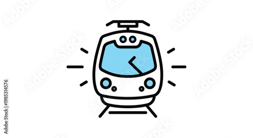 Modern train engine icon front view with blue windows and simple black outline representing public transportation.
