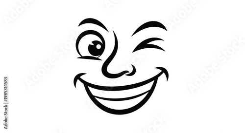 Expressive black and white cartoon face illustration featuring a big smile and a playful wink against white background.