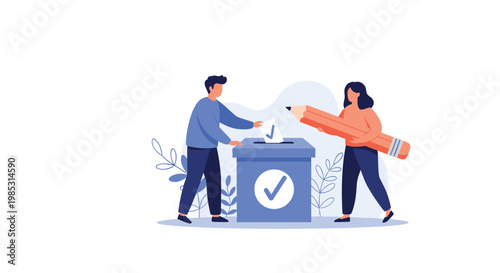 Civic engagement illustration showing two people using a large pencil to cast their votes into a blue ballot box.