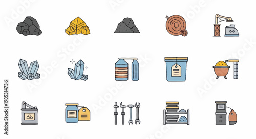 Collection of Industrial Icons Representing Mining and Manufacturing Processes.
