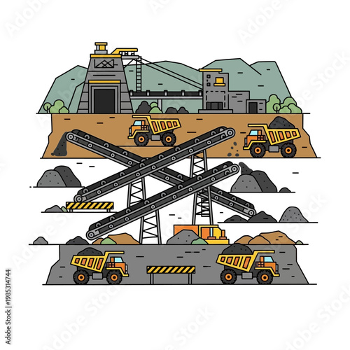 Coal Mining Operation: Trucks, Conveyors, and Processing Plant in Cutaway View