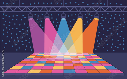 A colorful nightclub stage with vibrant lights and a multicolored dance floor