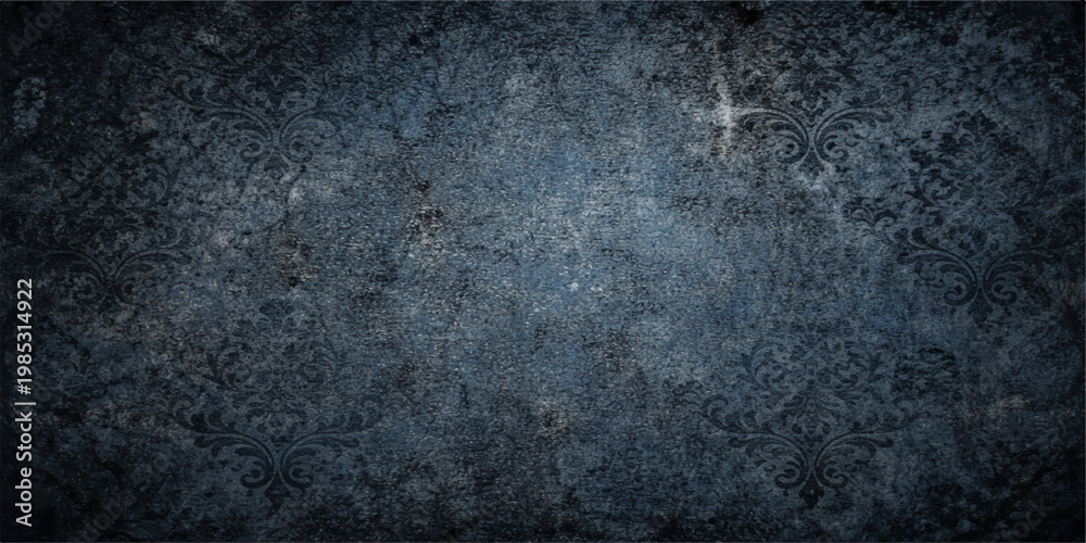 Fototapeta premium A dark blue vintage grunge background features an aged stone wall texture with a rough material surface and dirty paint pattern for a dark antique wallpaper backdrop