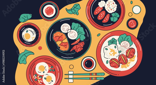 Asian Food Table Top View Vector Illustration of Healthy Meal Bowls