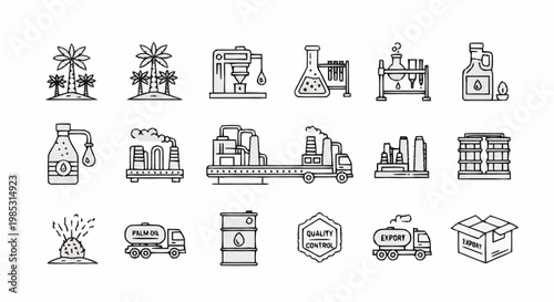 Industrial icons representing manufacturing and logistics processes.