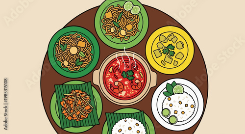Various Southeast Asian Cuisine Illustration with Tom Yum and Fried Noodles in Line Art Style