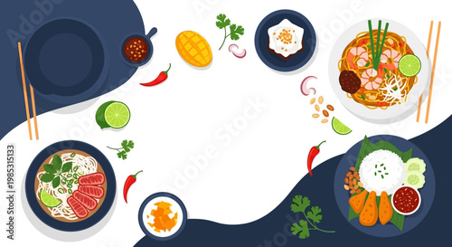 Southeast Asian Food Collection Background with Nasi Lemak, Pad Thai, and Noodle Soup Flat Illustration with Copy Space
