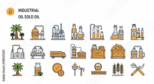 Industrial Oil Production and Processing Icons Set.