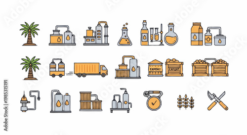 Industrial Plant Icons Set Oil Production.