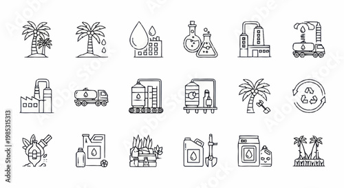 Set of icons representing palm oil industry and production processes.