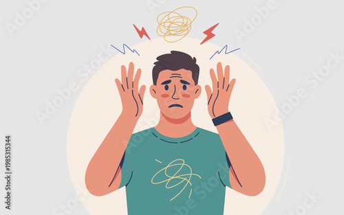 A man experiences emotions and stress with chaotic thoughts above.