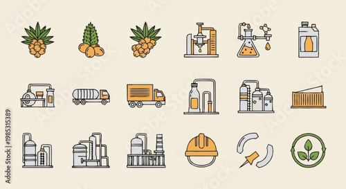 Set of icons representing industrial processes and products.