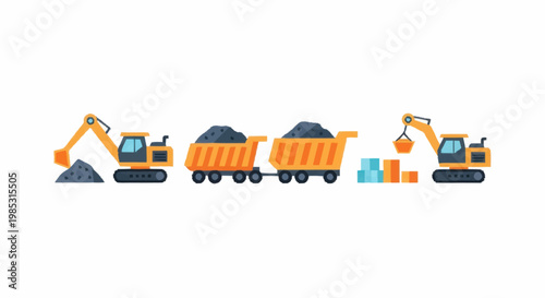 Construction vehicles working on a project with coal and building materials.