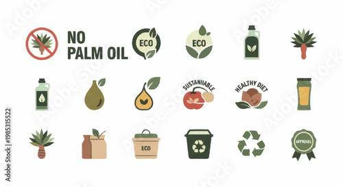 Collection of eco friendly and no palm oil icons and symbols.