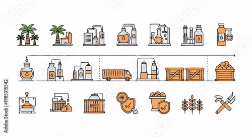 Industrial process icons for oil production and refinement.