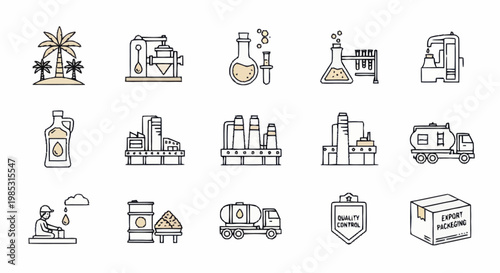 Industrial Icons Set Featuring Factories and Transportation.