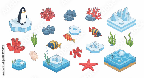 Arctic and underwater elements penguin coral fish icebergs.