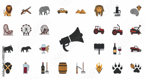 Collection of diverse flat icons representing various concepts and objects.