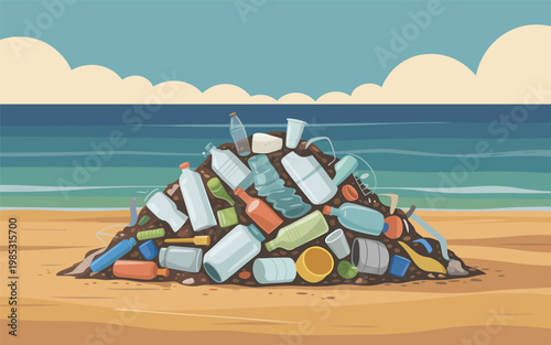 A large pile of plastic bottles and containers lies scattered on the sandy beach by the ocean.