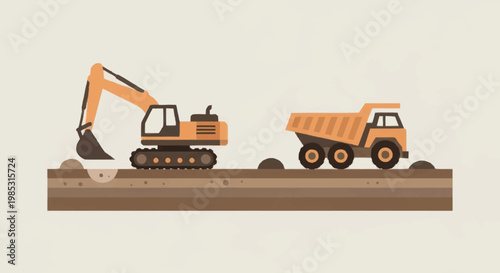 Excavator digging dirt next to a dump truck.