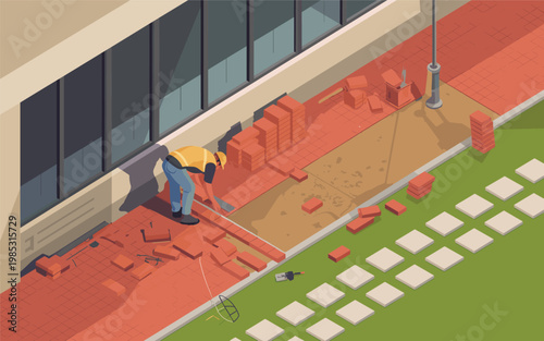 A construction worker installing red bricks on a sidewalk outside a building.