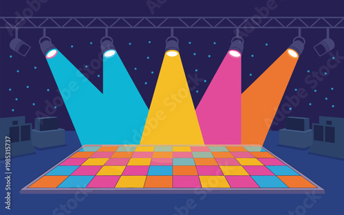 A vibrant dance floor scene with colorful lights and a lively atmosphere in a nightclub.