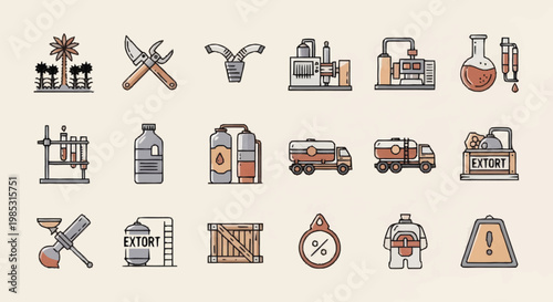 Collection of Industrial Icons Representing Manufacturing and Production.