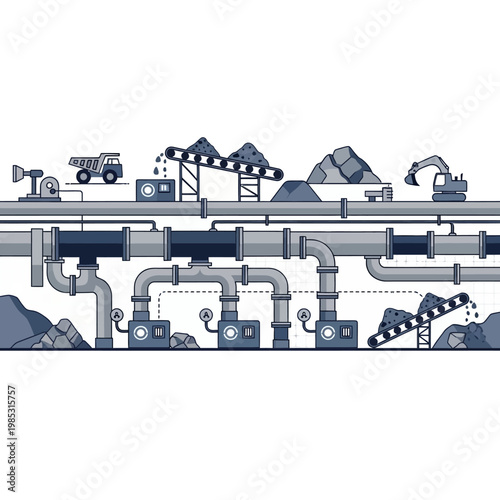 Industrial Mining Pipeline System, Conveyor Belts, Trucks, Excavator, Raw Materials