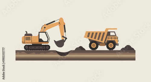 Excavator and Dump Truck Working Together on Construction Site.