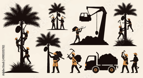 Silhouettes of workers harvesting coconuts and loading materials.