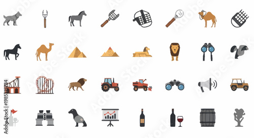 Collection of diverse icons representing animals industry and objects.