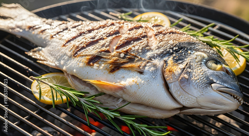 Fresh Grilled Sea Bream Fish on BBQ Grill with Lemon, Rosemary and Sea Salt