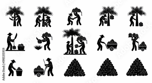 Farmers harvesting coconuts from palm trees in a tropical setting.