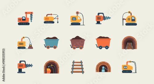 Collection of mining equipment and elements in flat design style.