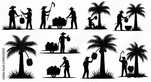 Coconut harvesting silhouettes showing farmers at work.