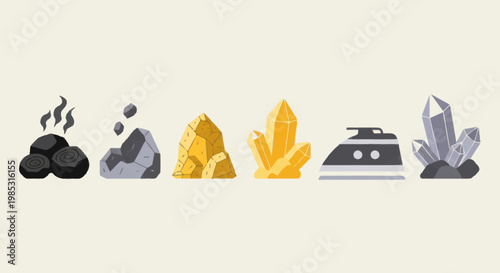 Collection of raw materials and minerals in flat design.