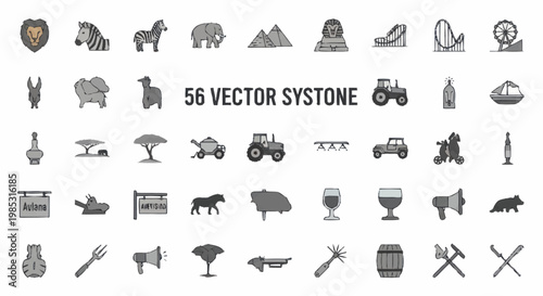 Collection of 56 Vector Icons Representing Animals and Objects.