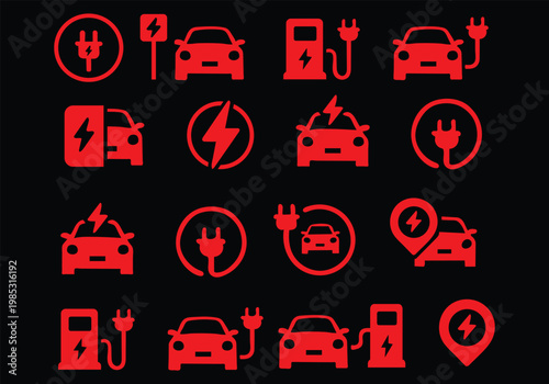 Electric car charging icon set. EV station, plug, socket, hybrid car, green electric car with plug symbol on white background - stock vector.