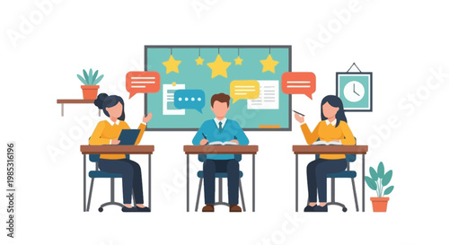 Online Learning Class with Students and Teacher in Virtual Classroom