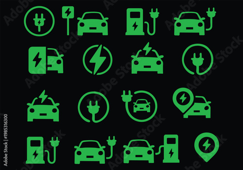 Electric car charging icon set. EV station, plug, socket, hybrid car, green electric car with plug symbol on white background - stock vector.