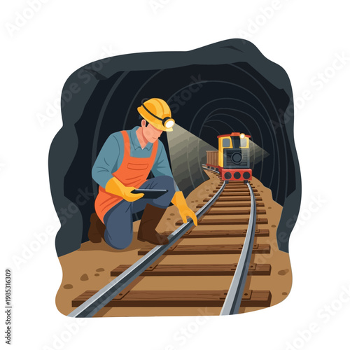 Miner Inspecting Train Tracks in Dark Coal Mine with Tablet