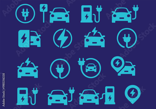 Electric car charging icon set. EV station, plug, socket, hybrid car, green electric car with plug symbol on white background - stock vector.