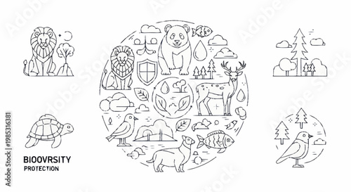 Biodiversity Protection Concept with Various Animals and Plants.