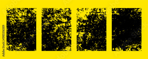 Set of four grunge textures, black distressed overlays on yellow background, vector illustration of rough surface, weathered paint, or ink splatters