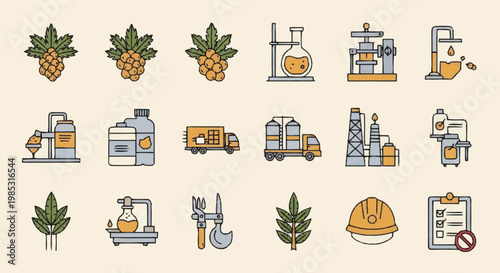 Industrial Icons Representing Manufacturing and Production Processes.